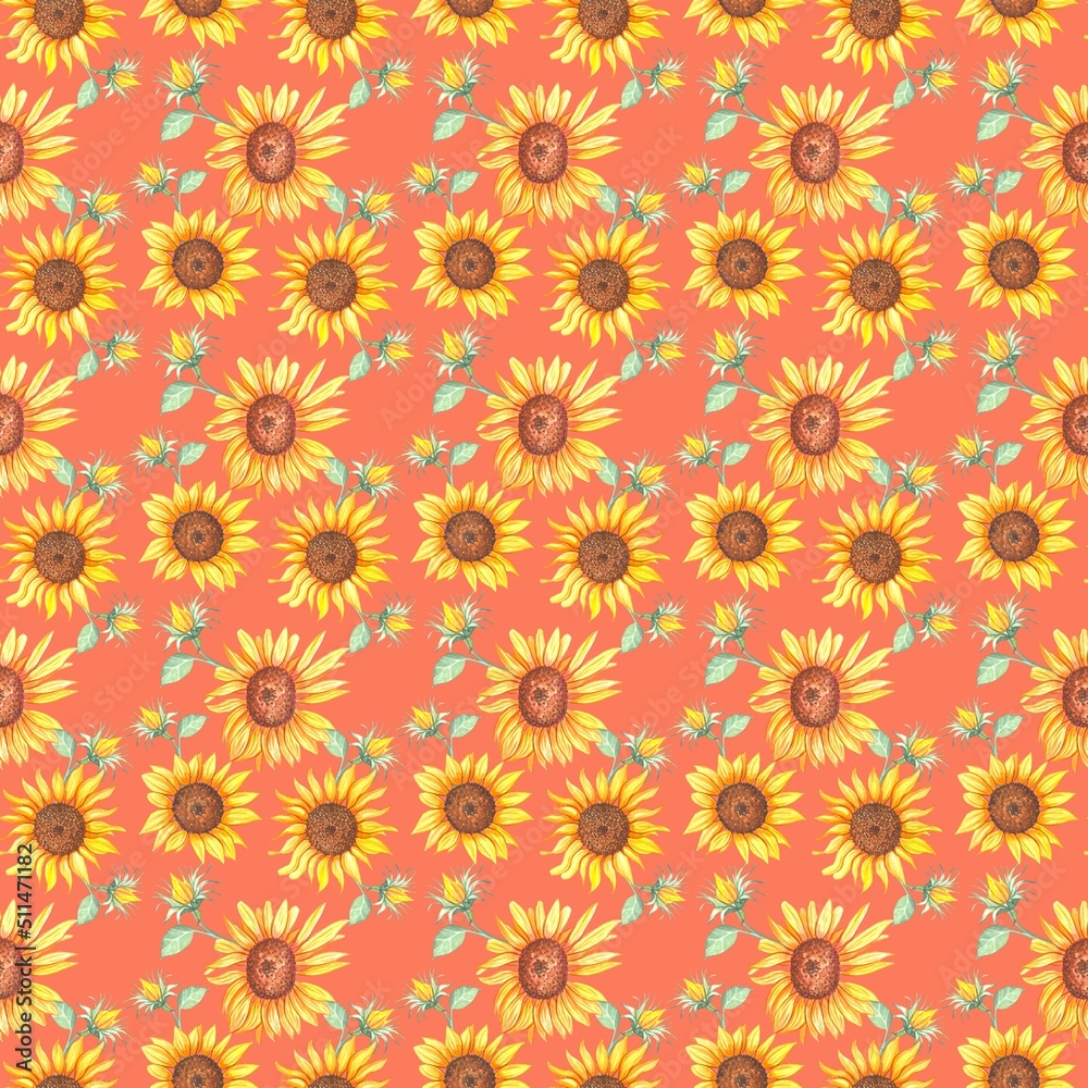 Watercolor sunflowers seamless pattern, hand drawn