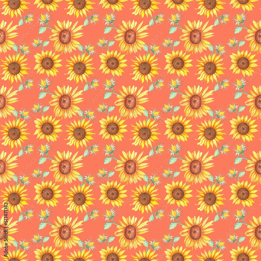 Watercolor sunflowers seamless pattern, hand drawn Watercolor sunflowers seamless pattern, hand drawn