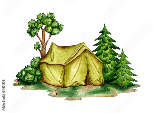 Camping watercolor illustration. The tent stands in a clearing near the forest. For the design of design compositions on the theme of tourism, hiking, outdoor recreation. Isolated on white background.