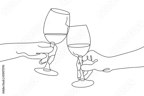 Continuous single Line drawing of Glasses of with drink. People Clink Glasses of Wine. Minimalist linear concept of celebrate and cheering. Vector illustration.