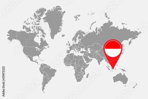 Pin map with Indonesia flag on world map. Vector illustration.