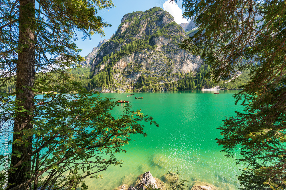 Lago di Braies or Pragser Wildsee. Small alpine lake and mountain range of Sasso del Signore. Dolomites, UNESCO world heritage site, South Tyrol, Trentino-Alto Adige, Bolzano province, Italy, Europe.