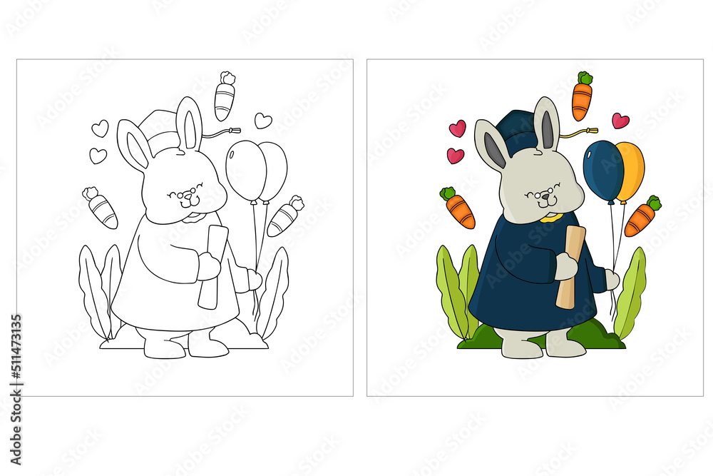 Hand drawn Cute Animal Graduation Coloring page (4) Stock Vector