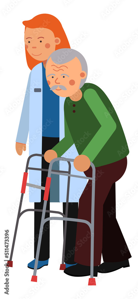 Nurse caring senior with walking aid. Old disabled people Nurse caring senior with walking aid. Old disabled people