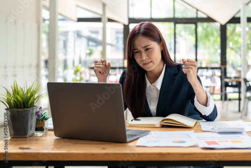 Angry asian business woman, Business lady, Work concept, Office job, Manager, Digital marketing, accounting calculator concept.
