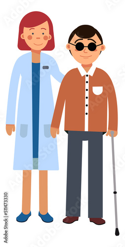 Doctor helping blind man. Healthcare for disabled people