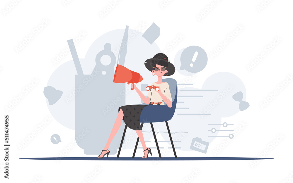 Fototapeta premium A woman is sitting on a chair holding binoculars and a loudspeaker. Human resource. Element for presentation.