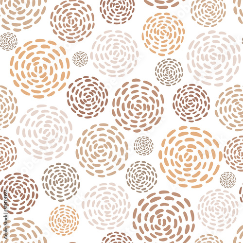 Hand drawn dashed circles in natural colors. Vector seamless pattern. Hatched background for fabric, wrapping, scrapbooking or wallpaper.