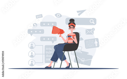 A woman is sitting on a chair with a loudspeaker. Human resource. Element for presentation.