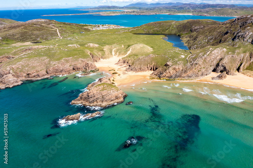 Aerial view of the Murder Hole beach, officially called Boyeeghether Bay in County Donegal, Ireland photo