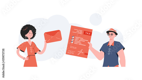 A man and a woman stand waist-deep and send a tax form in an envelope. Filling out a tax return. Element for presentation.
