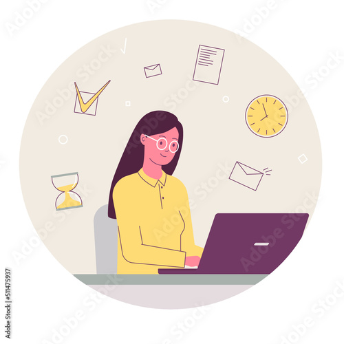 Work laptop. Woman working  computer. Remote. Vector flat illustration