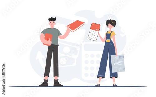 A man and a woman are standing with a book and a calculator. The study of taxes. Element for presentation.