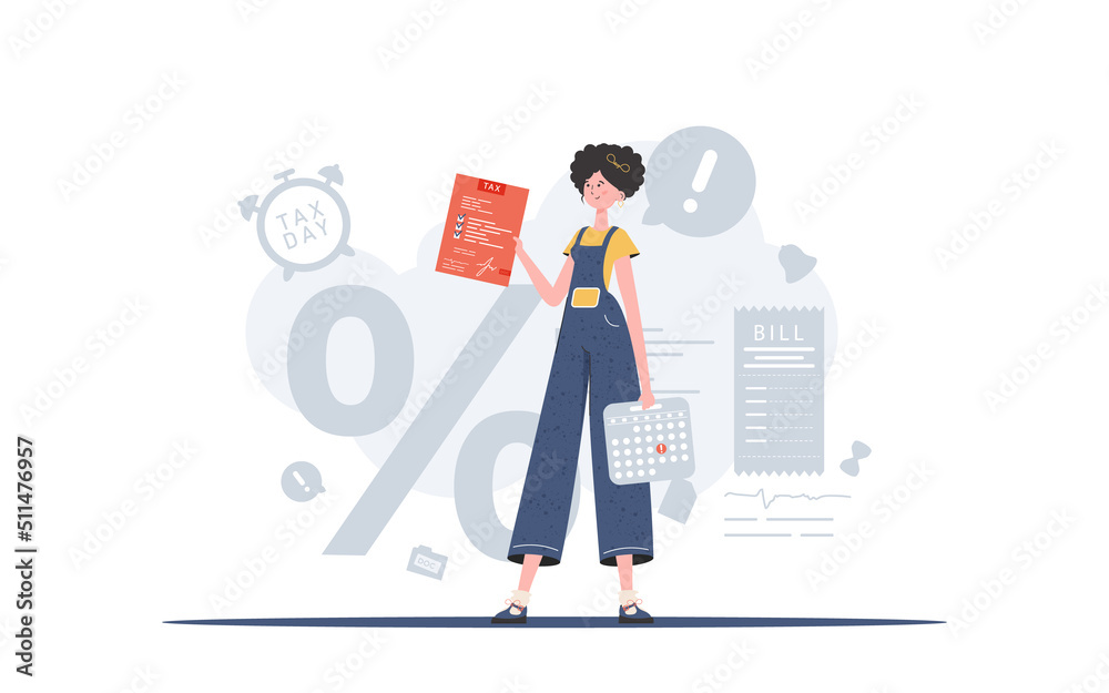 A woman stands in full growth and holds a calculator and a tax return. Payment of taxes. Element for presentation.