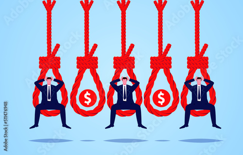 Money on full set and desperate businessman falling into full set, business or investment project trap, financial scam, lure of money