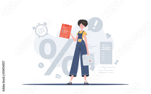 A woman stands in full growth and holds a calculator and a tax return. Payment of taxes. Element for presentation.