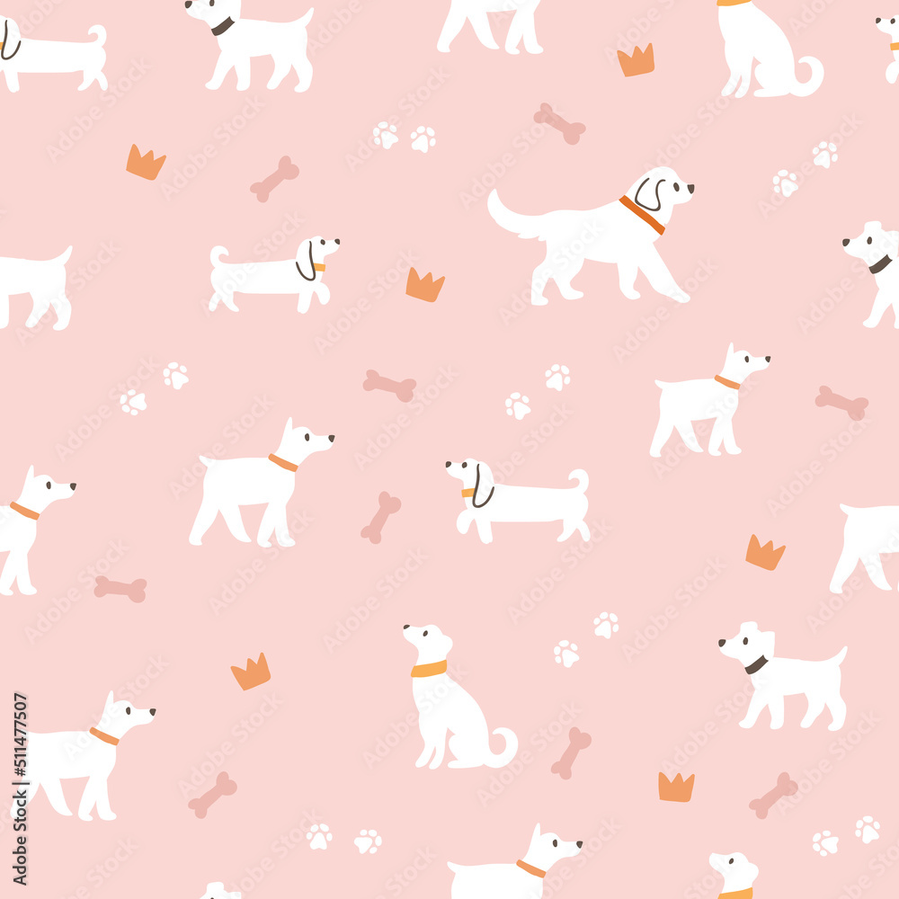 Seamless pattern with funny cartoon dogs on pink. Creative texture in Scandinavian style. Great for fabric, textile Vector Illustration