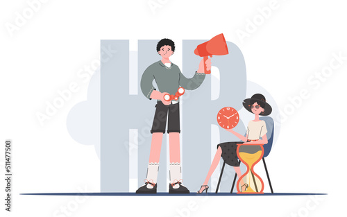 Man and woman with hourglass and megaphone. Human resource. Element for presentations.