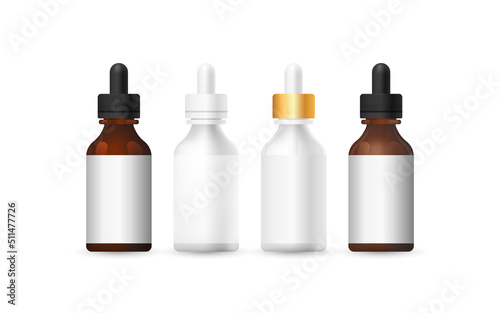 Set of realistic empty packages of beauty products for body. Collection of blank template of container for serum or oil pipette white, brown, transparent glass. Mock up illustration isolated on white.