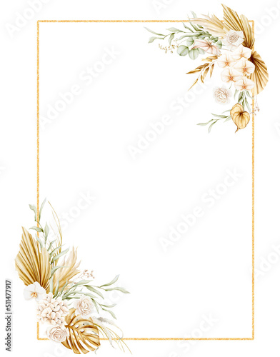 Watercolor gold tropical leaves and pampas grass arrangement. Romantic floral bohemian frame