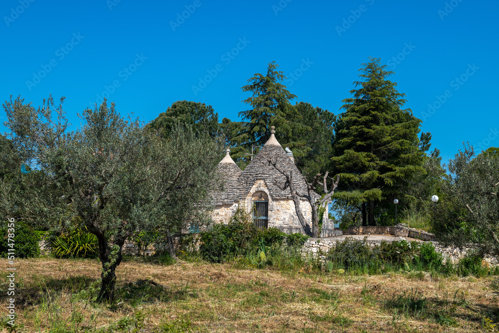 kamienny dom Trulli będący symbolem regionu Puglia we Włoszech - obrazy, fototapety, plakaty 