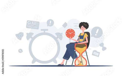 A woman sits in a chair next to an hourglass. Time management. Element for presentation.