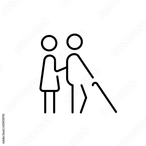 Female character help for elderly man with walking cane icon. Girl helping a man with a cane. Kind Person. Outline symbol, sign for: infographic, logo, app, banner, web design, dev, ui, ux. EPS 10