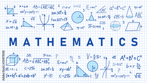 Hand drawn math symbols. Math symbols on notebook page background. Sketch math symbols