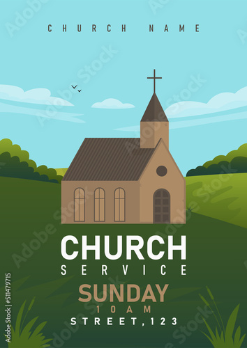 Beautiful mountains landcape and a scandinavian church. vector illustration poster.