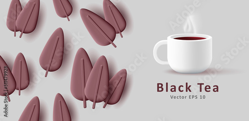 Black Tea poster with 3d tea leaves and cup. Vector illustration