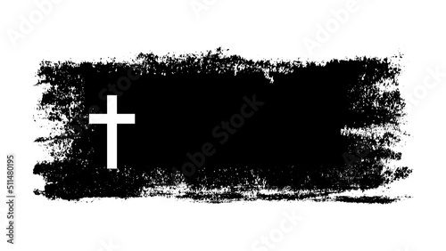 Shape of the cross. Space for text. Modern vector logo, banner, shield, drawing of Christianity. Grunge background