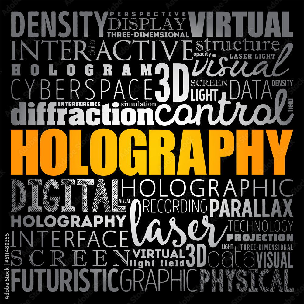 Holography is a technique that enables a wavefront to be recorded and later re-constructed, word cloud concept background Holography is a technique that enables a wavefront to be recorded and later re-constructed, word cloud concept background
