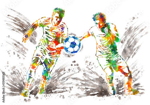 A soccer player and a soccer ball painted with watercolor splash effect