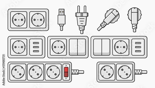 power outlet plug electric socket type f switcher set vector flat illustration
