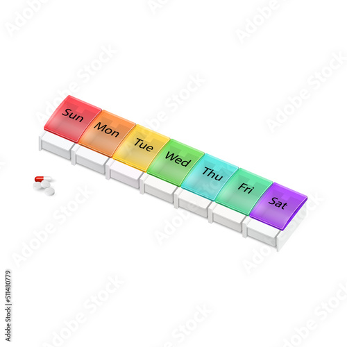 Illustration of Plastic Pharmacy Organizer for Pills for Each Day of the Week on White Background. A Weekly Medicine Dispenser