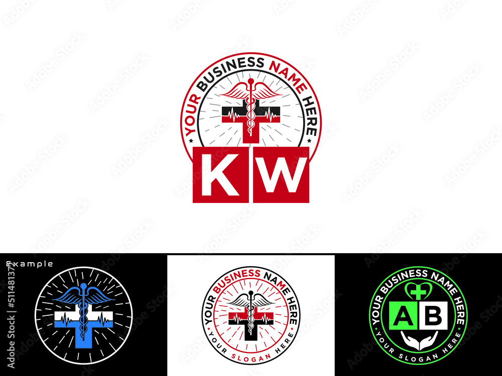 Unique KW Logo Image, Letter Kw wk Logo Design With Health Icon Symbol