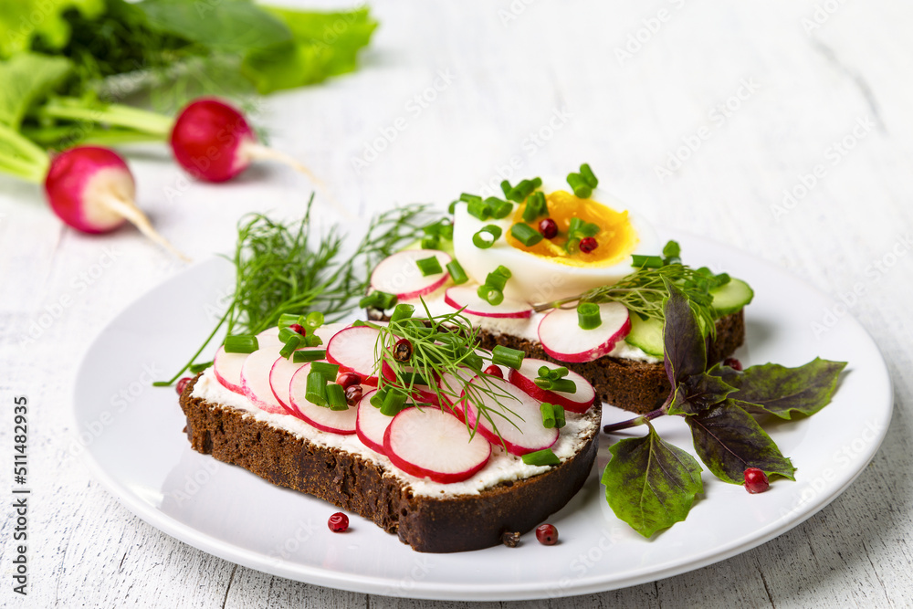 Healthy sandwiches with radish, cucumber, egg, curd cheese, sprinkled with green onions and pink pepper. Copy space