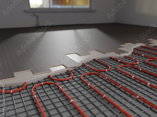 Underfloor heating. 3d rendering of Heat floor layers cutaway.