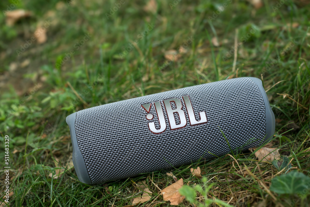 Mulhouse - France - 16 June 2022 - Closeup of grey portable JBL subwoofer  speaker on the grass in a public garden foto de Stock | Adobe Stock