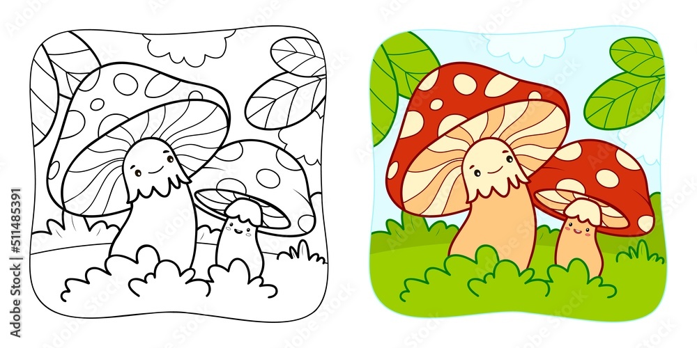 Coloring book or Coloring page for kids. Mushrooms vector clipart. Nature background.