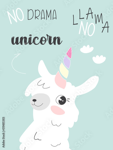 Vector. Hand drawn unicorn llama. Hand-drawn lettering unicorn. Cute design for t-shirt  poster  wall sticker.