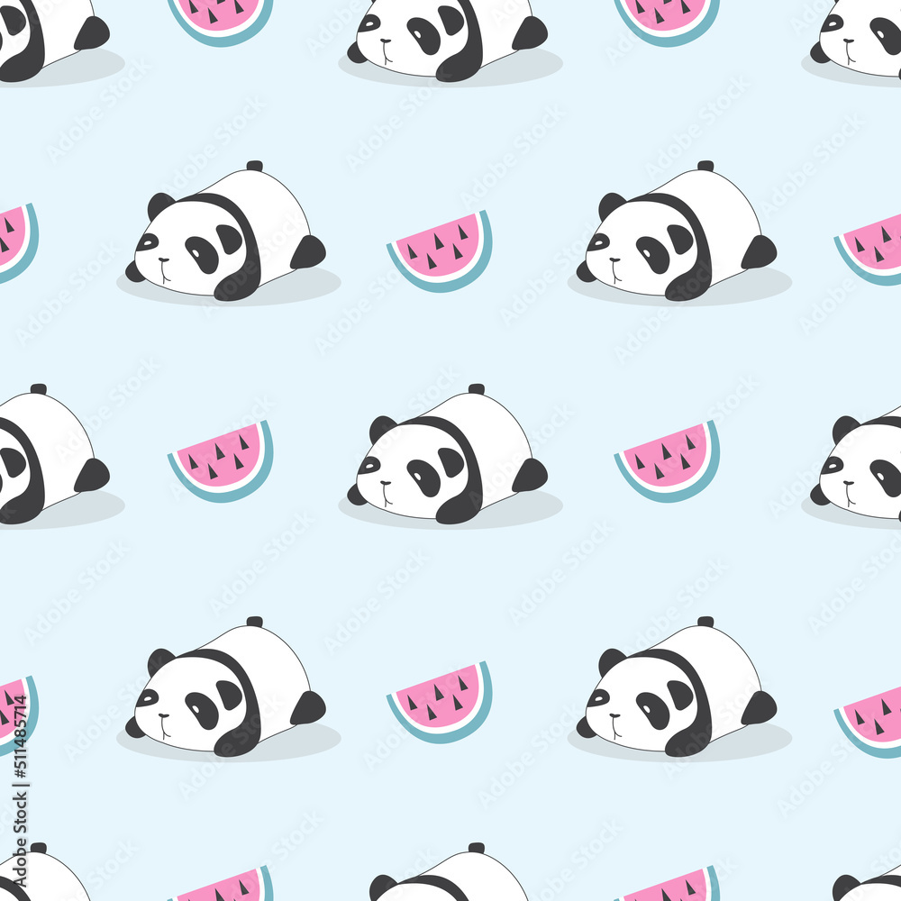 Vector hand-drawn seamless pattern with panda and watermelons. Children's wallpaper. Vector hand-drawn seamless pattern with panda and watermelons. Children's wallpaper.