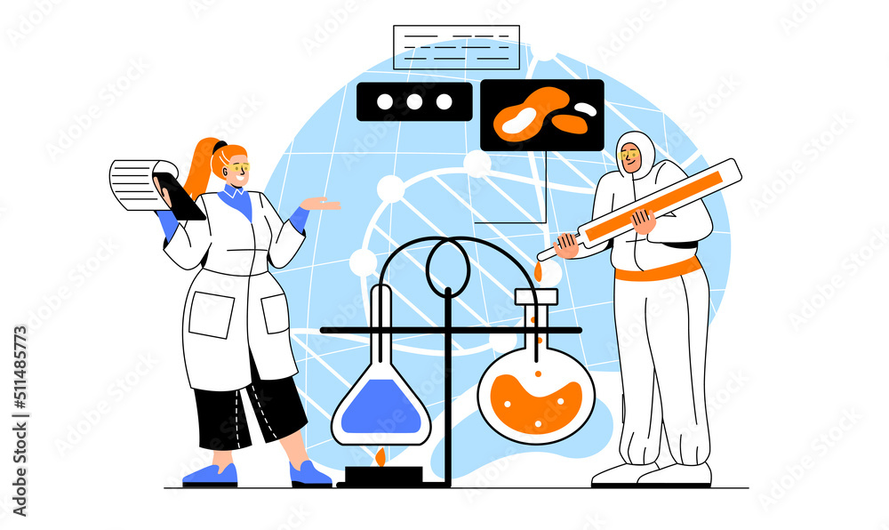Conducting scientific researches. Man and girl analyze reactions of matter under influence of temperature. Chemical experiments in laboratory, drug development. Cartoon flat vector illustration