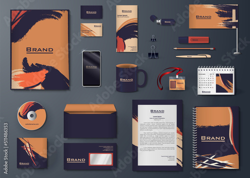Vector branding identity stationery mockup set with warm trendy colors and abstract design. Business templates set includes folder/catalogue cover, notebook, brochure, envelope, corporate letter, card