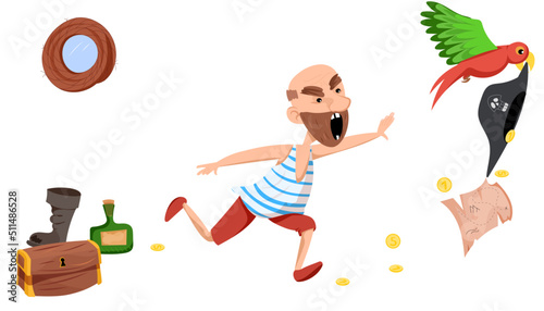 Vector pirate runs after the parrot that took the pirate hat, coins fall, treasure map. A pirate in a striped T-shirt and red shorts.