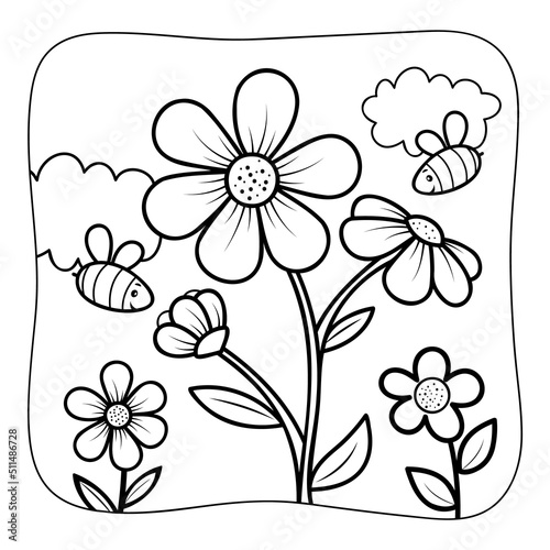 Flower and bees black and white. Coloring book or Coloring page for kids. Nature background