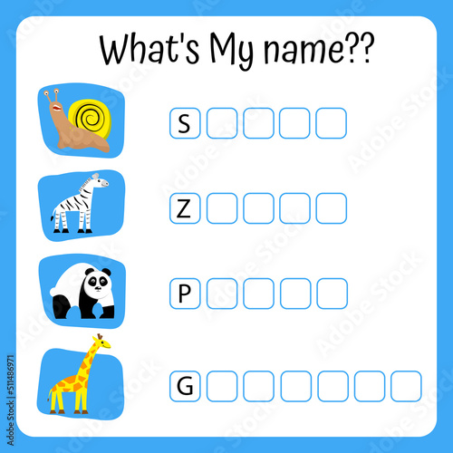 Wallpaper Mural Animal Names Worksheet. Cute animals. Educational activity for preschool kids. Preschool Education. Vector illustration. Torontodigital.ca