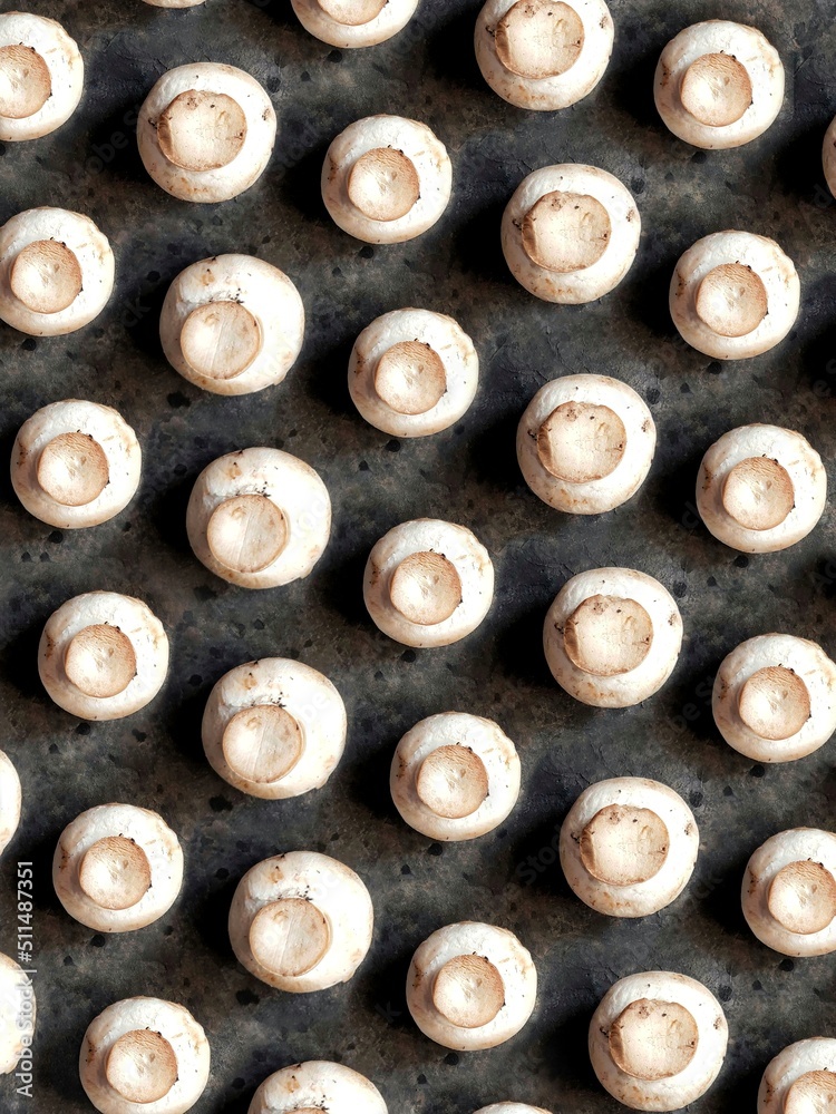Champignons background. Mushrooms pattern on black concrete background. Vegetables that replace meat. Champignons background. Mushrooms pattern on black concrete background. Vegetables that replace meat.