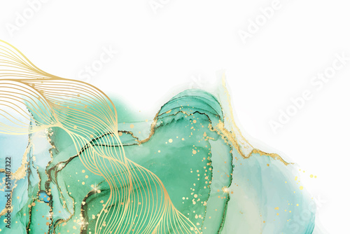 Marble green liquid watercolor background with gold wave pattern. Dusty grey emerald alcohol ink drawing effect with golden stains. Vector illustration of fluid acrylic elegant wallpaper
