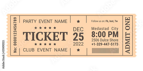 Entrance ticket template for event, hangout in retro style